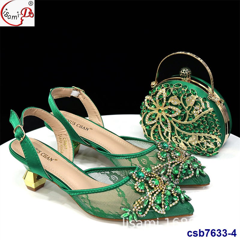 High-Heeled Large Flash Diamond Carved Elastic Sandals With Party Handbag Suit Shoes And Bag Set - Image 1